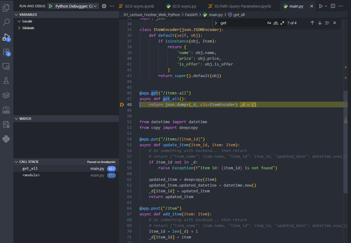 VS Code debugger stopped at breakpoint